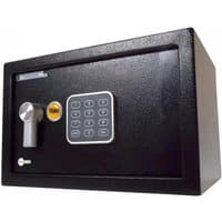 Black Yale medium safe with digital keypad, silver handle, and yellow Yale logo.