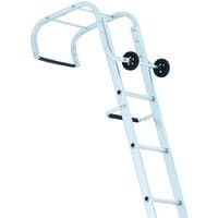 Silver Zarges industrial roof ladder with two parts, 9 and 10 rungs, curved hooks, and black wheels, 5.95m long.