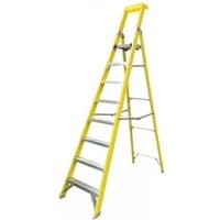 Yellow Zarges platform ladder with 8 rungs, 1.88m height, non-slip treads, and safety rail.