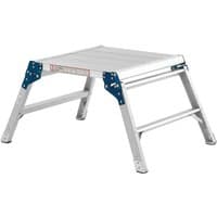 Aluminium hop up platform with blue hinges, wide steps, and sturdy legs by ZARGES.