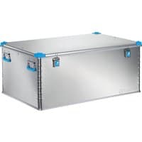 Silver ZARGES storage box, 414L capacity, with blue corner protectors, metal handles, and latches, 1200x800x510mm.