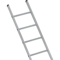 Aluminum Zarges industrial single ladder with four rungs and black end caps.