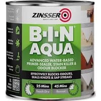 Zinsser B-I-N Aqua 2.5L can, white label, green accents, primer-sealer, stain killer, odor blocker text.