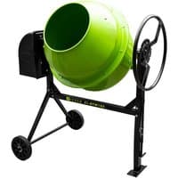Green Zipper concrete mixer with black frame, large mixing drum, and two wheels for mobility.