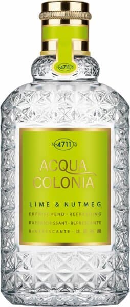Clear glass bottle with a textured diamond pattern, featuring a vibrant green label that reads "ACQUA COLONIA LIME & NUTMEG" and a gold cap.