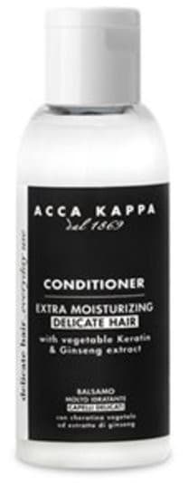 White plastic bottle of Acca Kappa 363567 100 ml conditioner, featuring a black label with white text, highlighting extra moisturizing for delicate hair with vegetable keratin and ginseng extract.