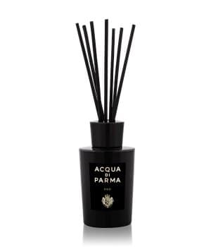 Black glass room diffuser with a sleek design, featuring a black cap and several black reeds, labeled "Acqua Di Parma Oud" in elegant white font.