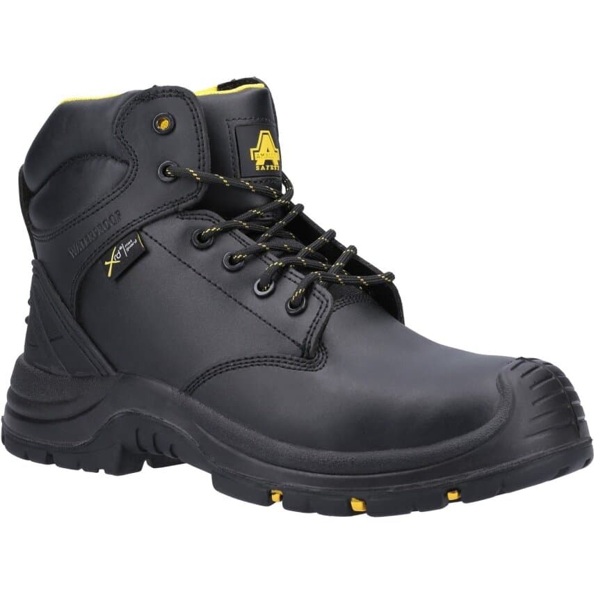 Black lace-up waterproof boot featuring a metal-free design, metatarsal protection, and yellow accents, size 8, with a sturdy rubber sole and reinforced toe.