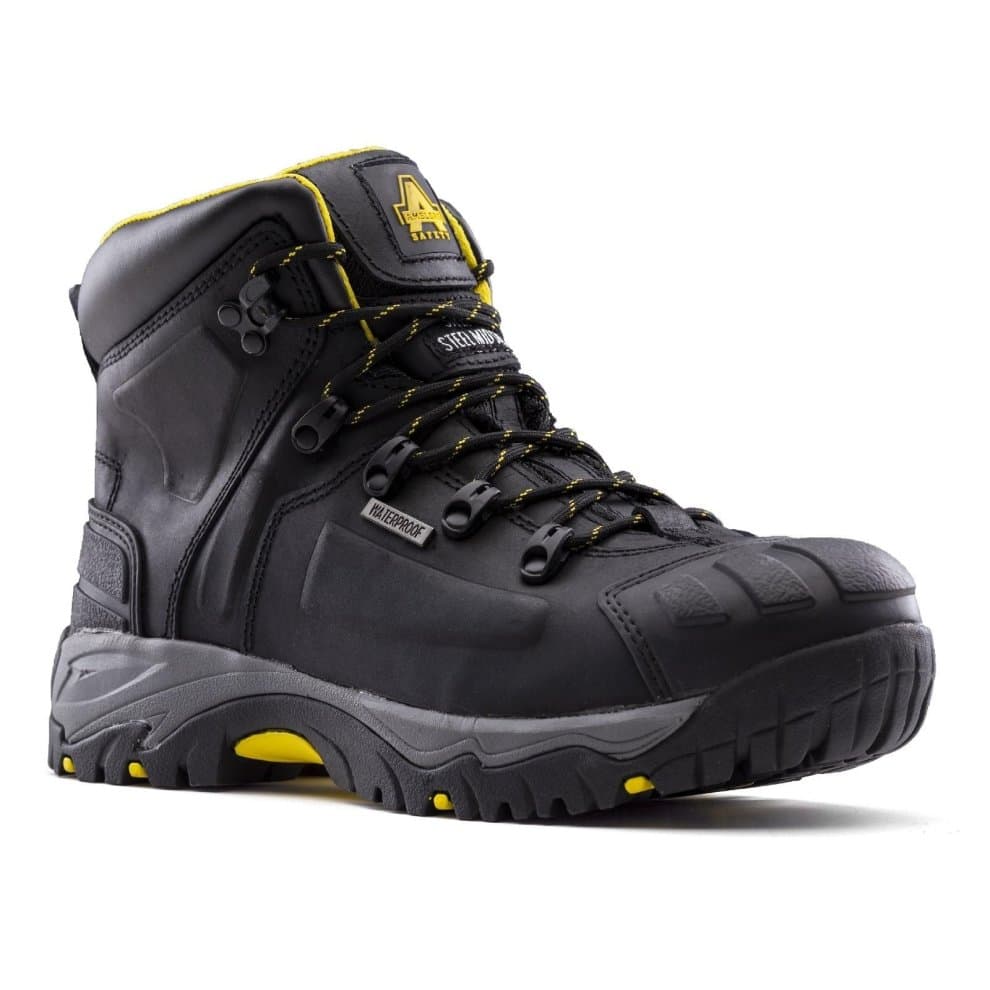 Black waterproof safety boot with yellow accents, featuring a sturdy rubber sole, reinforced toe, and secure lace-up design for a wide fit, ideal for work environments.