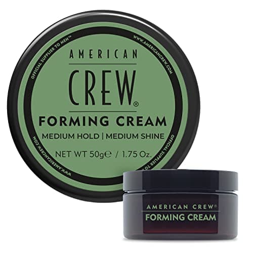 Green and black round container of American Crew Forming Cream, featuring "Medium Hold" and "Medium Shine" labels, with a net weight of 50g prominently displayed on the lid.