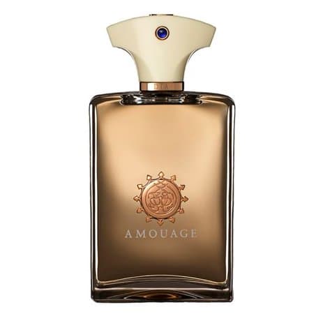 Elegant glass bottle of Amouage Dia EDP for men, featuring a gold and cream cap, embossed logo, and a warm amber liquid inside, 100 ml size.