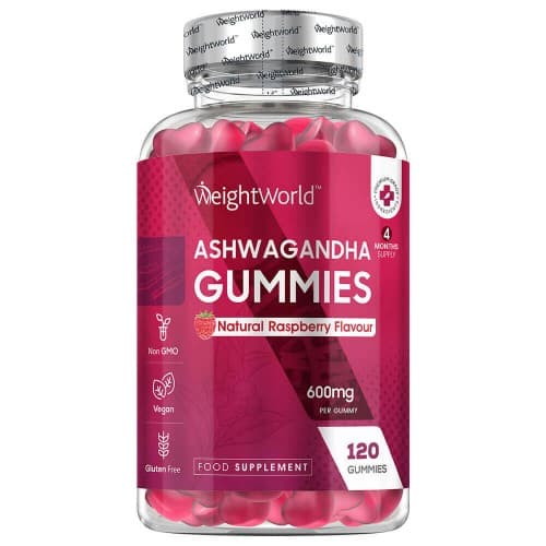 Transparent plastic bottle containing pink gummies labeled "WeightWorld Ashwagandha Gummies 1200mg," featuring a raspberry flavor note and a gluten-free symbol.