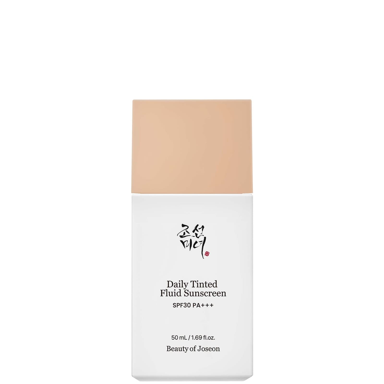 White rectangular bottle with a beige cap, labeled "Daily Tinted Fluid Sunscreen SPF30 PA+++" in black and red text, featuring a minimalist design and 50ml capacity.