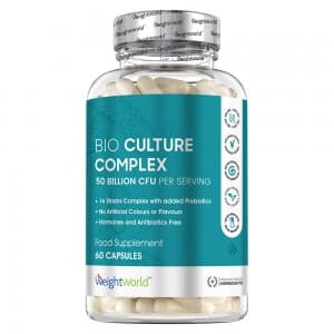 Clear plastic bottle containing 60 white vegan capsules, labeled "Bio Culture Complex" with 77 Billion CFU, featuring a turquoise and silver design and various certification icons.