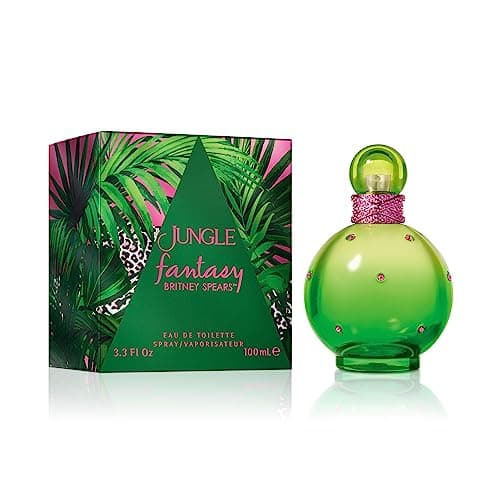 Green bottle with a round shape, adorned with pink gems, next to a vibrant green and pink box featuring tropical leaf patterns, labeled "Jungle Fantasy" by Britney Spears.