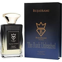 Bujairami the Rock Unleashed EAU DE PARFUM spray in a sleek black and gold bottle, accompanied by a matching box featuring a crown logo and elegant typography.
