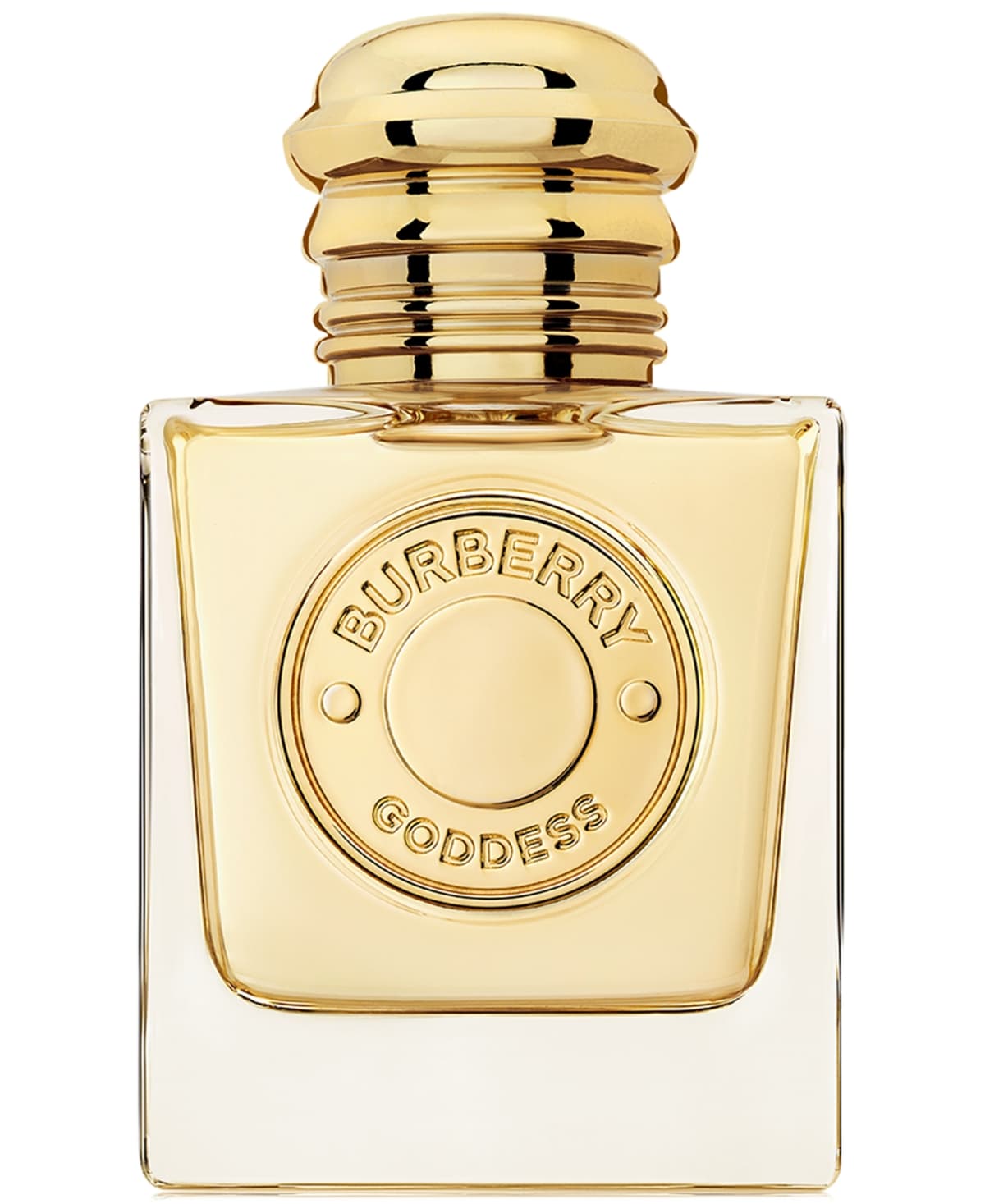 Burberry Goddess Eau De Parfum in a clear glass bottle with a gold cap, featuring an embossed circular logo and a minimalist design, 1.6 oz / 50 ml.