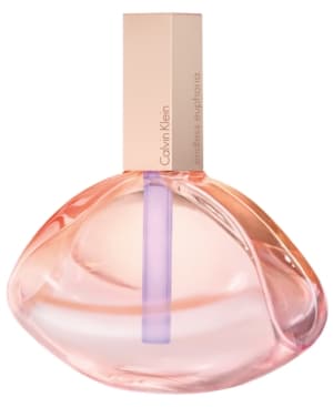 Calvin Klein Endless Euphoria 40ml EDP Spray features a unique, curved glass bottle in soft pink and clear hues, topped with a light beige cap and a purple accent.