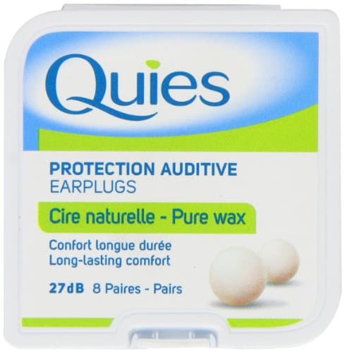 Quies earplugs in a white plastic case, featuring natural beeswax and cotton, labeled "Protection Auditive," with 8 pairs for swimming and sleeping.