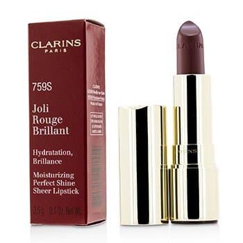 Clarins Joli Rouge Brillant lipstick in a deep burgundy shade, housed in a sleek gold tube, alongside its elegant maroon box featuring the brand name and product details.