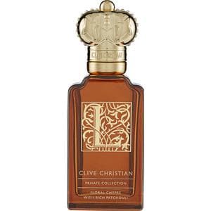 Amber glass bottle with ornate gold detailing and a crown-shaped cap, labeled "Clive Christian L Floral Chypre" in elegant font, showcasing luxury fragrance for women.
