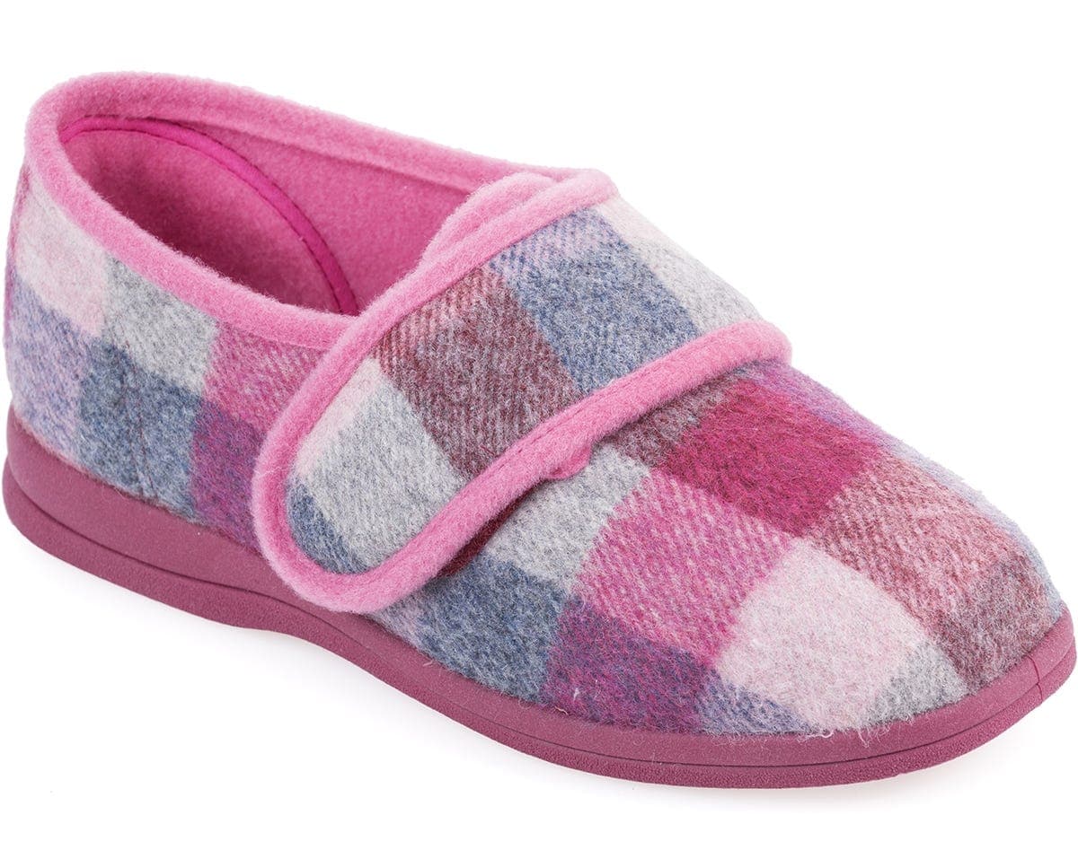 Cosyfeet Holly E-fit women's slippers in a pink, grey, and purple checkered pattern, featuring a soft, felt-like material and a secure Velcro strap.