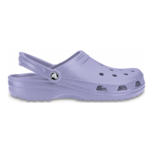 Pale lilac Crocs 'Classic Clog' made of lightweight material, featuring ventilation holes, a back strap, and a textured sole, available in size 3.