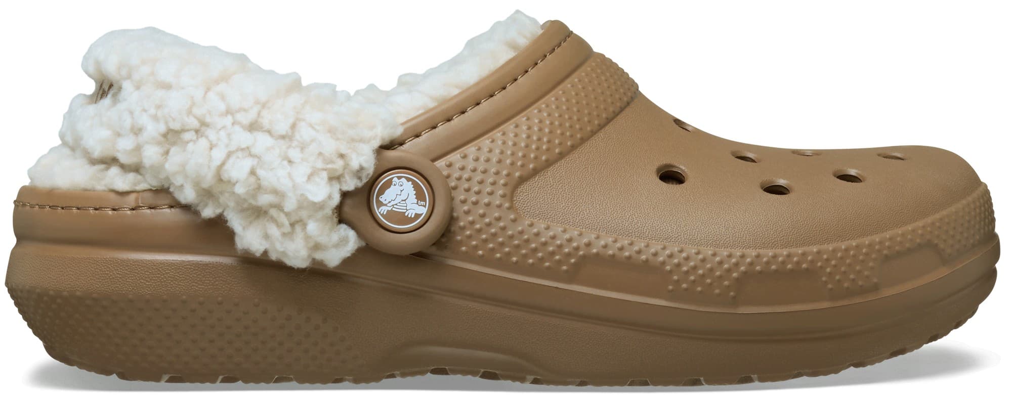 Brown fleece-lined clog featuring a textured upper, ventilation holes, and a side button detail for easy wear, designed for comfort and warmth.
