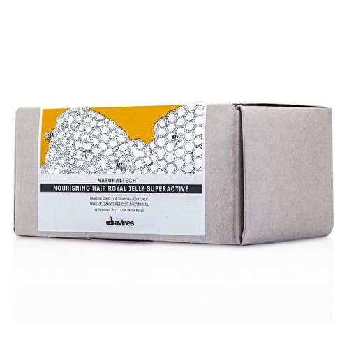 Gray cardboard box containing six 8ml vials of Davines Naturaltech Nourishing Hair Royal Jelly Superactive, featuring a bright yellow and white label with honeycomb design.