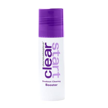 White bottle with a purple cap, featuring "Dermalogica" and "Breakout Clearing Booster" in bold purple text, designed for acne treatment.