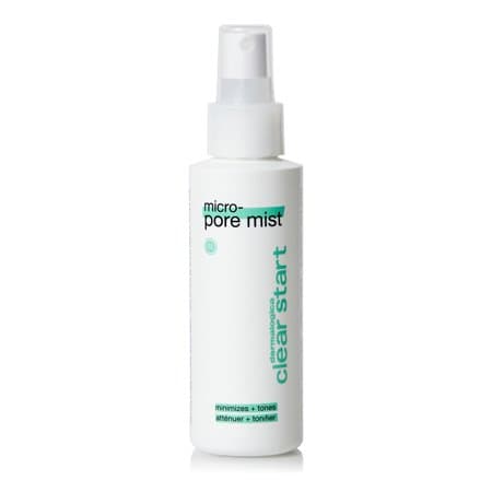 White spray bottle with a clear cap, labeled "Clear Start Micro-Pore Mist" in teal and black text, designed for minimizing and toning skin.