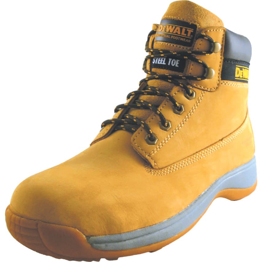 Wheat nubuck hiker boots with steel toe, black accents, padded collar, and sturdy laces, featuring a durable sole, UK size 8, Euro size 42, by DEWALT Power Tools.