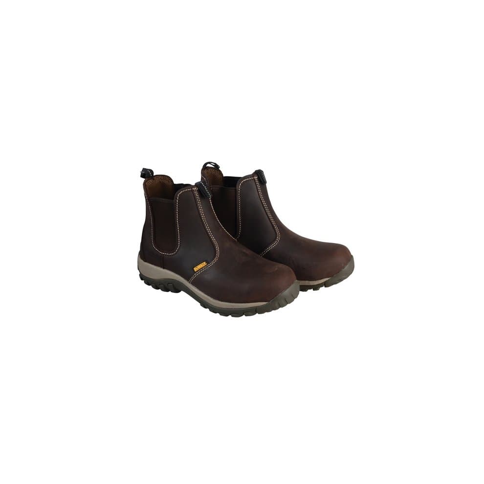 Brown DEWALT Radial Dealer Boots in UK size 10 (Euro 44), featuring a smooth leather upper, elastic side panels, and a rugged rubber sole for durability and comfort.