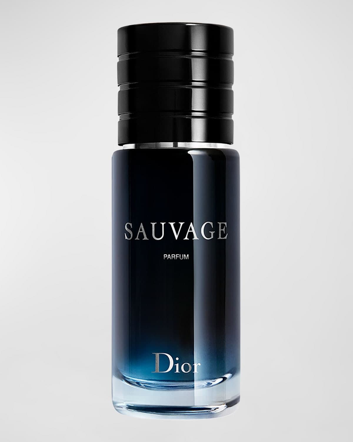Dior Sauvage Parfum bottle features a sleek, dark blue gradient design with a black cap, labeled "SAUVAGE PARFUM" prominently on the front, and is refillable.