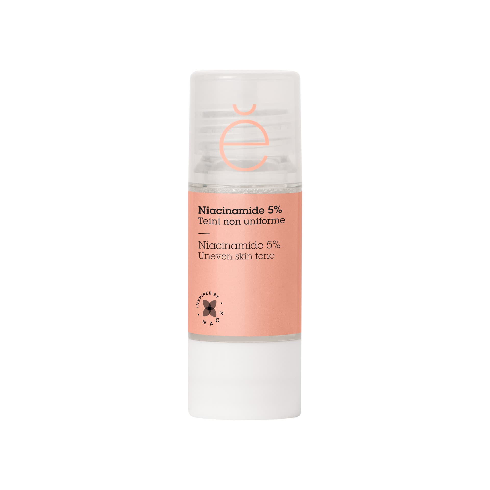 A clear plastic pump bottle with a white cap, featuring a peach label that reads "Niacinamide 5%" and "Uneven skin tone" in black text.