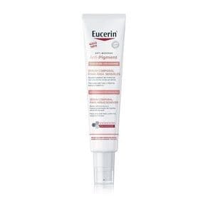 Eucerin Anti-Pigment serum in a 75ml white tube with a red and grey label, featuring a pump dispenser and text highlighting its suitability for sensitive areas.