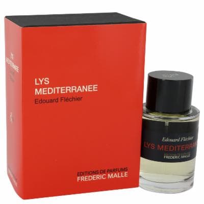 Clear glass bottle with a black cap, featuring a label that reads "LYS MEDITERRANEE" in bold red text, alongside a vibrant red box with white lettering.