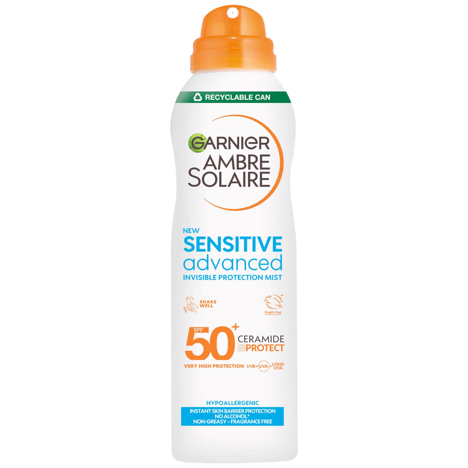 White spray can with an orange cap, labeled "Garnier Ambre Solaire Sensitive Advanced Face Mist SPF 50+" featuring blue text and a sun icon, indicating high UV protection for sensitive skin.