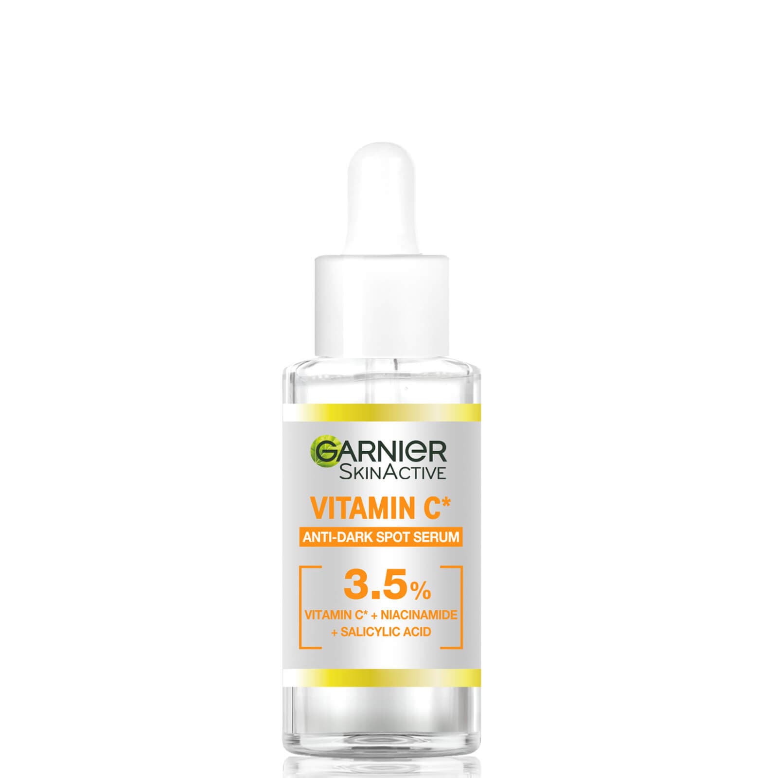 Clear glass bottle with a dropper, featuring a yellow and white label that reads "Garnier Vitamin C Anti-Dark Spot Serum" with 3.5% Vitamin C, Niacinamide, and Salicylic Acid.
