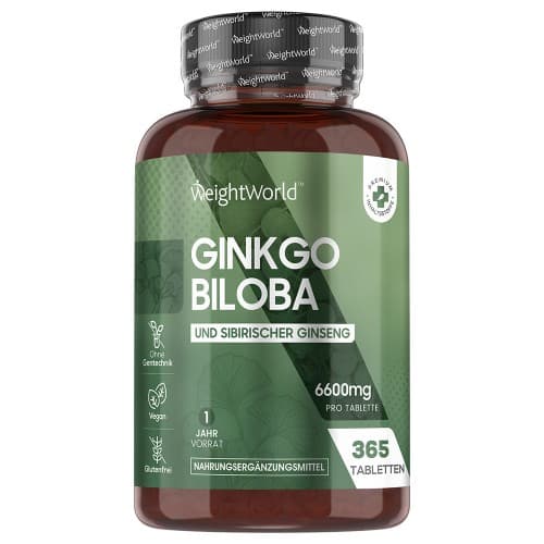 Brown plastic bottle with a green label, featuring "WeightWorld Ginkgo Biloba & Ginseng 6600mg" text, and a leaf design; contains 365 vegan tablets for one year’s supply.