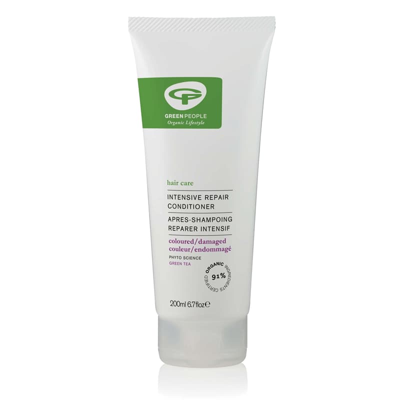 White tube with a green cap, labeled "Intensive Repair Conditioner" by Green People, featuring a green logo and text indicating it's for colored/damaged hair, 200ml size.