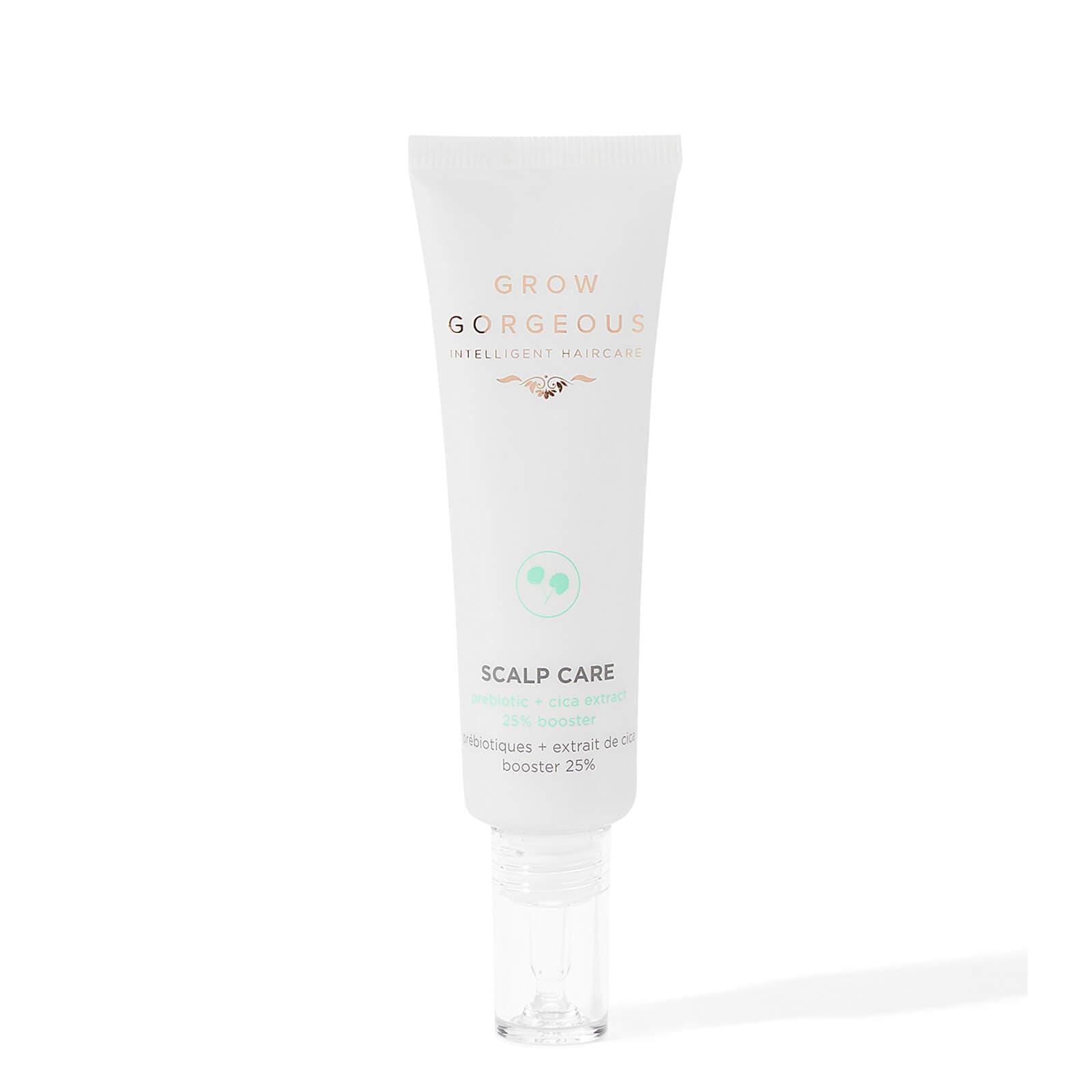White tube with a light green accent, labeled "Scalp Care" and "25% Booster + Prebiotic," featuring a sleek design and a clear nozzle for easy application.