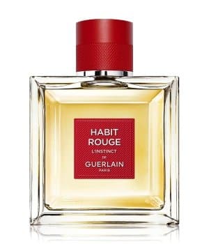 Clear glass bottle with a square shape, featuring a bold red label and a textured red cap, containing yellow perfume labeled "Habit Rouge L'Instinct" by Guerlain.