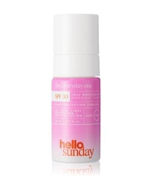 A pink and white cylindrical bottle of Hello Sunday the Everyday One Face Moisturiser SPF30, featuring a pump dispenser and sleek design, labeled with sun protection details.