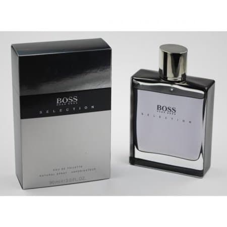 Clear glass bottle with a sleek rectangular design, silver cap, and black label reading "BOSS SELECTION," alongside a silver and black box packaging.