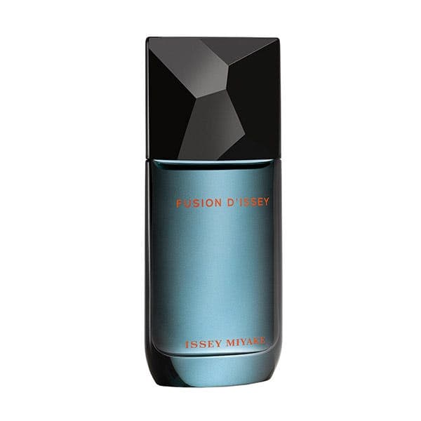 A sleek, rectangular bottle of Issey Miyake Fusion D'Issey EDT, featuring a dark geometric cap and a gradient blue to silver body with orange text.