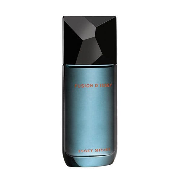 Clear glass bottle with a gradient blue tint, featuring a black geometric cap, labeled "FUSION D'ISSEY" in orange and "ISSEY MIYAKE" at the base.