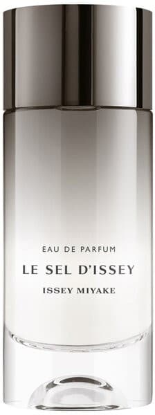 Clear glass bottle with a sleek, cylindrical shape, featuring a silver cap and a gradient from transparent to frosted white, labeled "LE SEL D'ISSEY" in elegant black font.