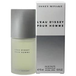 Clear glass bottle with a silver cap and a minimalist design, alongside a silver and white box, containing 0.5 oz of L'eau D'Issey Pour Homme EDT by Issey Miyake.