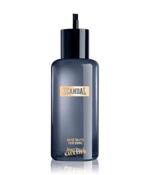 Dark blue glass bottle with a sleek design, featuring a black cap and a gold label reading "SCANDAL" and "EAU DE TOILETTE POUR HOMME," containing 6.8 oz of fragrance.